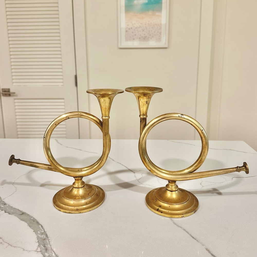vintage brass french horn candlestick holders